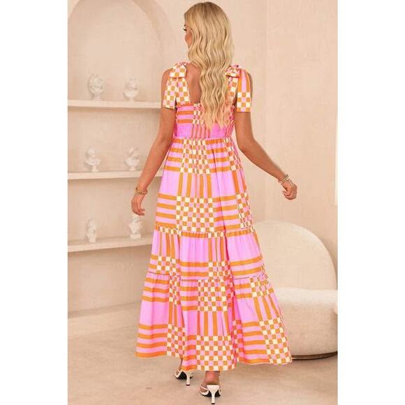 Boutique Women’s Large Pink Orange Gingham Smocked Shoulder Tie Maxi Dress NWT - Picture 2 of 7